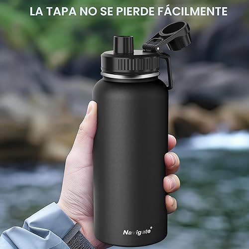 Miniatura 7 de Navigate Botella de agua deportiva de acero inoxidable aislada de 32 onzas con tapa de boquilla y asa, jarra de agua de boca ancha con doble pared a