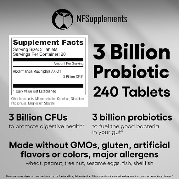 Akkermansia Muciniphila Probiotic Supplement 3 Billion CFU 240 Tablets Probiotics for Men & Women Supports Digestive & Gut Health Vegan Friendly Gluten Free Non-GMO (240, Akkermansia Muciniphila)