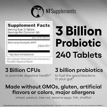 Akkermansia Muciniphila Probiotic Supplement 3 Billion CFU 240 Tablets Probiotics for Men & Women Supports Digestive & Gut Health Vegan Friendly Gluten Free Non-GMO (240, Akkermansia Muciniphila)