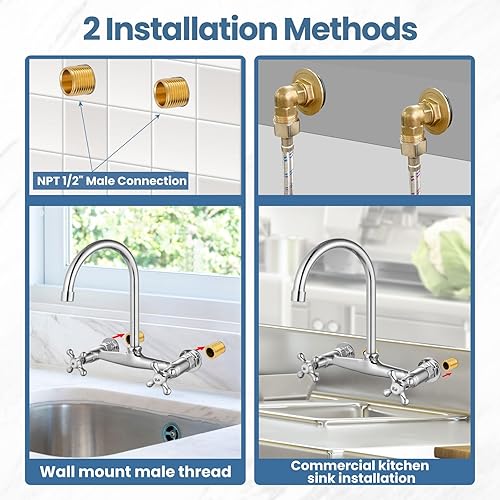 Vista 64 de Airuida Grifo de fregadero de cocina de latón antiguo, grifo central montado en la pared de 8 pulgadas, grifo de cocina comercial montado