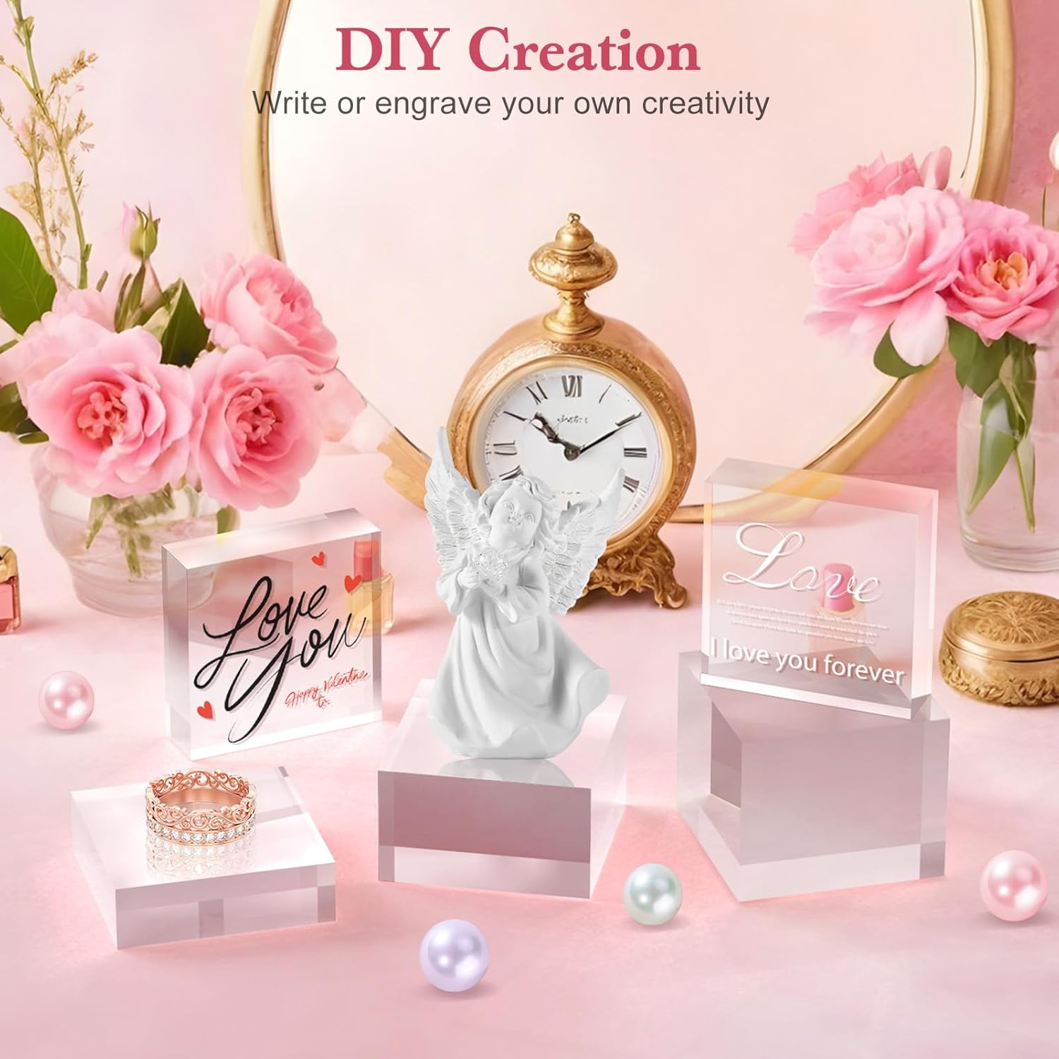 Acrylic Base Stand 6 Pack 3 X 3 Inch Acrylic Blocks for Display Trophy Base Clear Square Cube Riser Display Cylinder Pedestal Stands for Collectibles Jewelry Props Food Display 3 Size