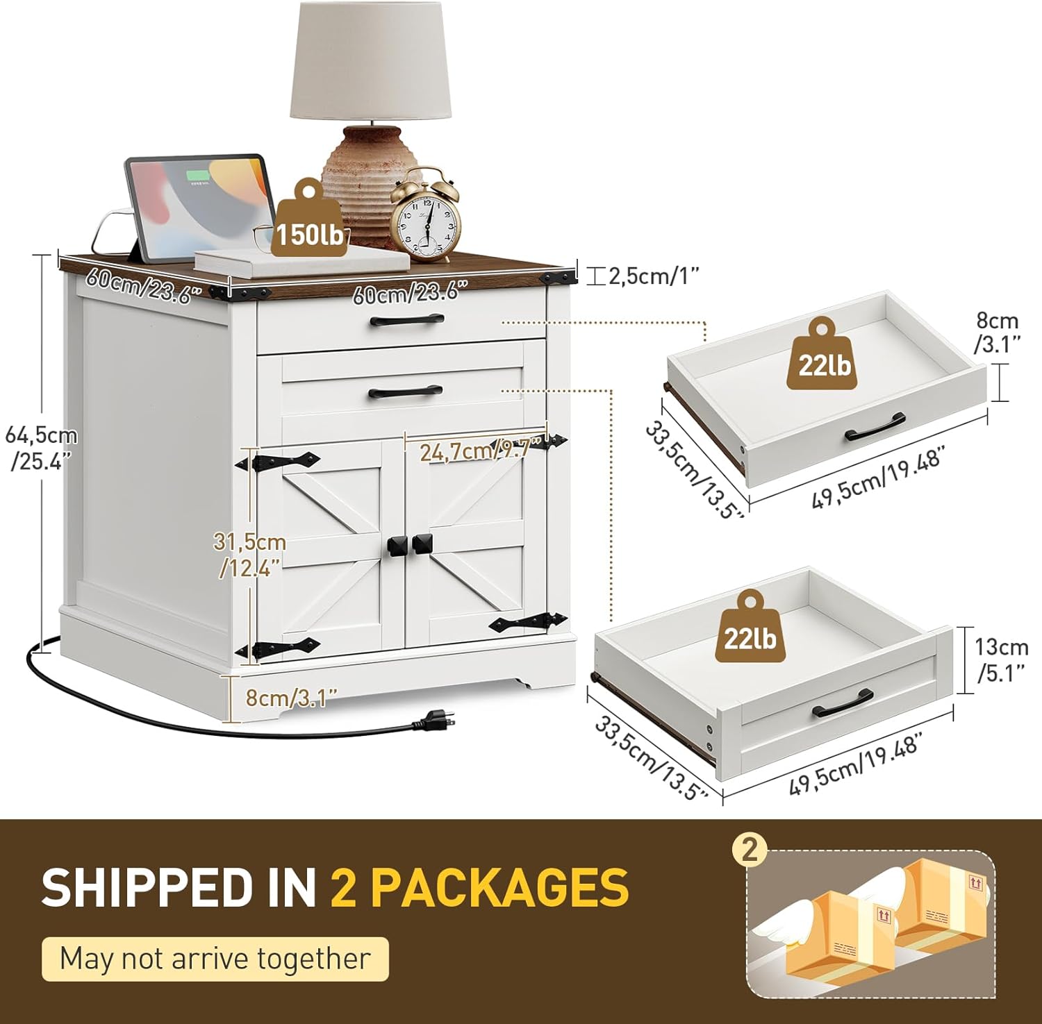 RALGEND Farmhouse End Table Set of 2, 24'' Sofa Side Table with 2 Drawers and Barn Door, Large Rustic Wooden Square Nightstand for Bedroom, Living Room, White and Walnut