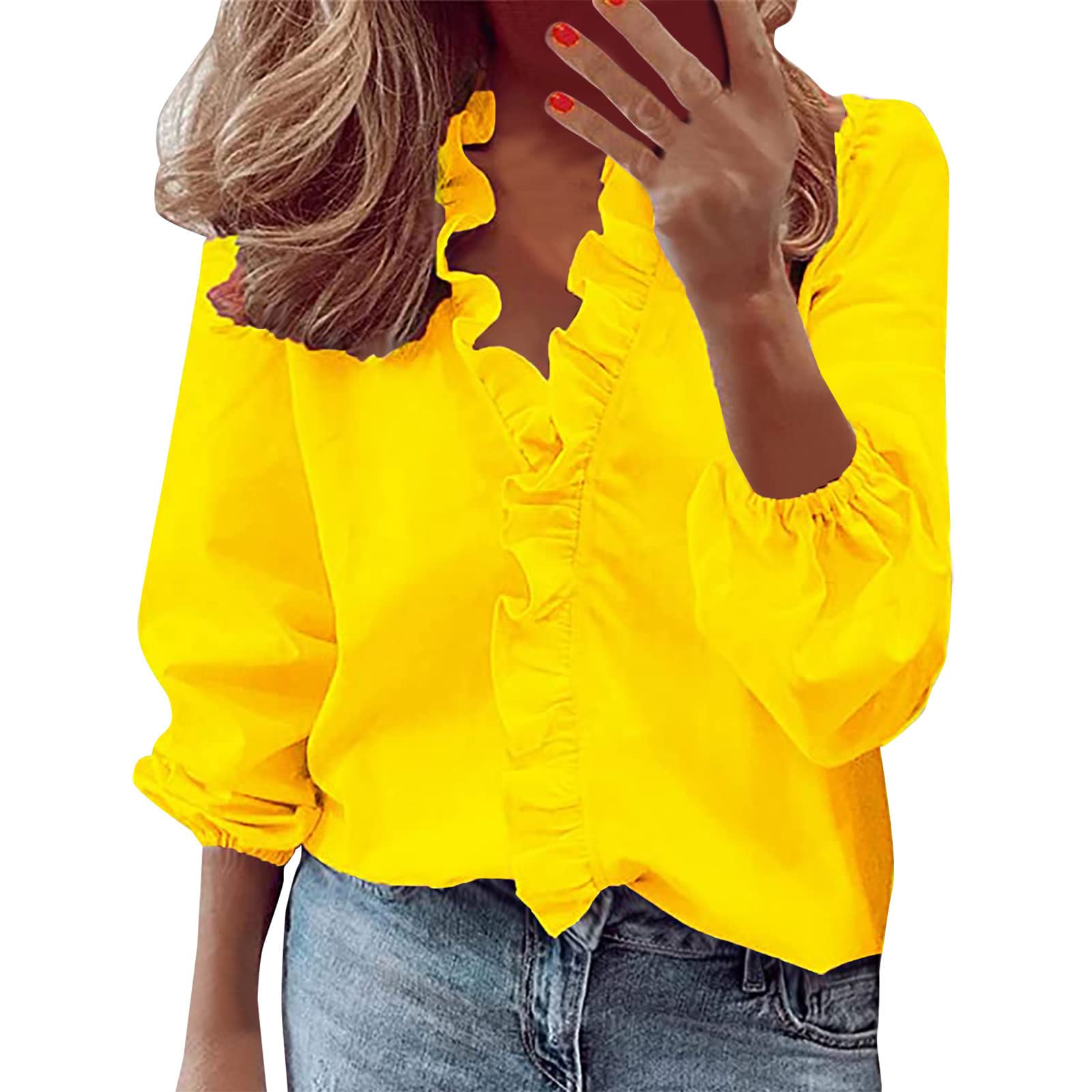 NUSGEAR Camisa de Manga Corta Mujer 2024 Moda Volante Camiseta Casual Color sólido Blusa Verano Suelto Fiesta Cuello en V Tops Elegant T-Shirt Verano Original Basic tee Talla Grande