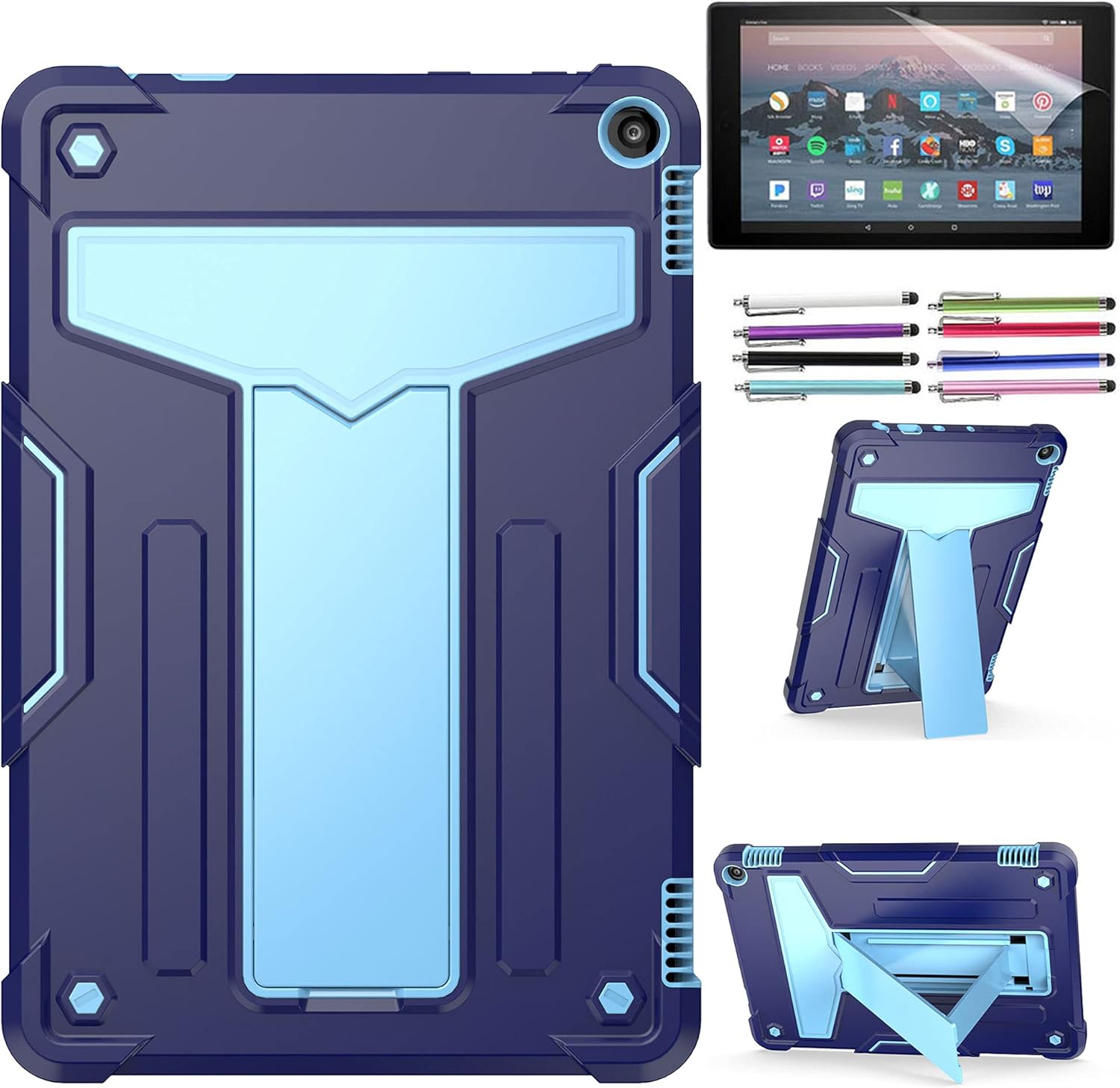 Epicgadget Case for Amazon Fire HD 10 and Fire HD 10 Plus (11th Generation, 2021 Released) - Heavy Duty Shockproof Hybrid Case with Kickstand + 1 Screen Protector Film and 1 Stylus (Navy Blue/Blue)