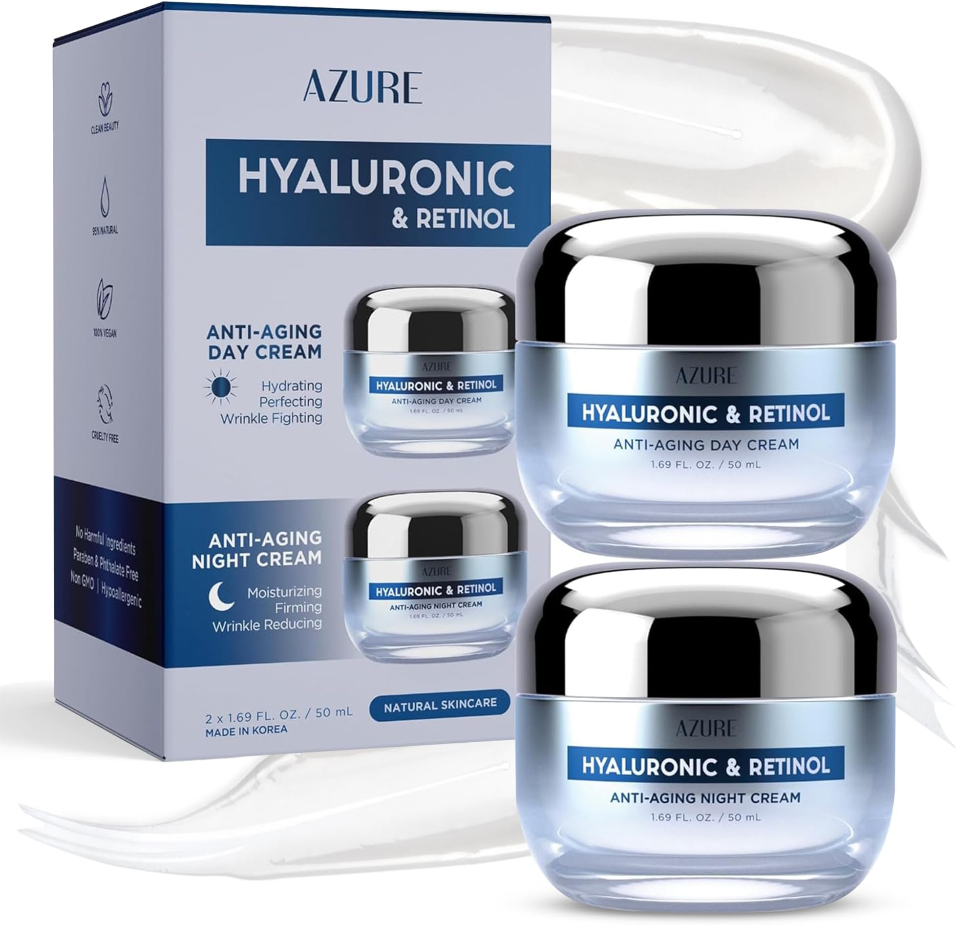 Hyaluronic Acid Moisturizer Face Cream - Dermatologist Tested, Anti-Aging Retinol Cream for Dark Spots, Fine Lines & Wrinkles - Clean Beauty, Korean Skincare - Day & Night Duo Set