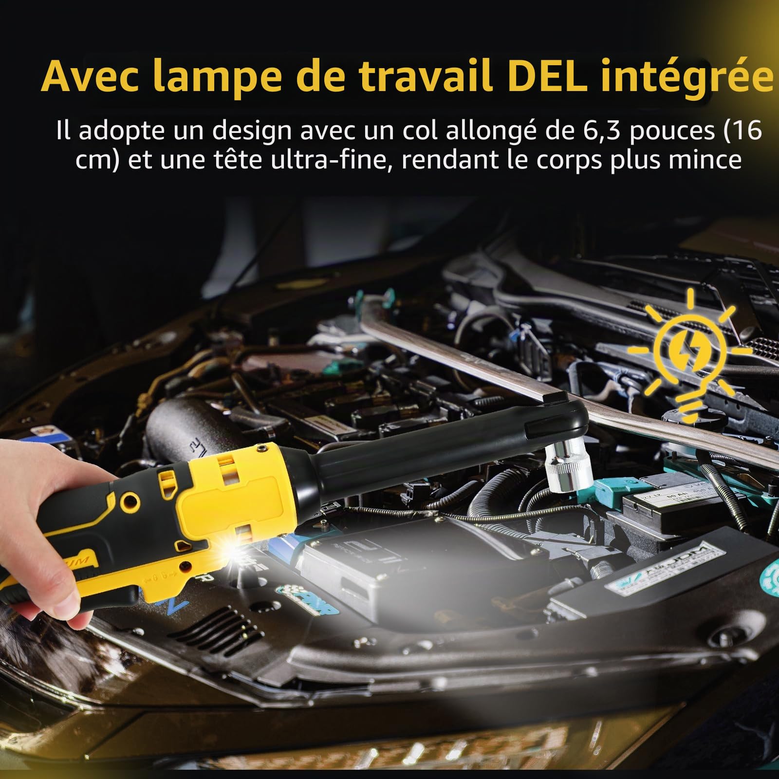 Clé à cliquet électrique sans fil étendue de 3/8" compatible avec batterie Dewalt 18 V 20 V, clé à cliquet 320 tr/min 80 N.m avec tête de 15,2 cm et lumière LED, avec 8 douilles et adaptateur 6,35 mm
