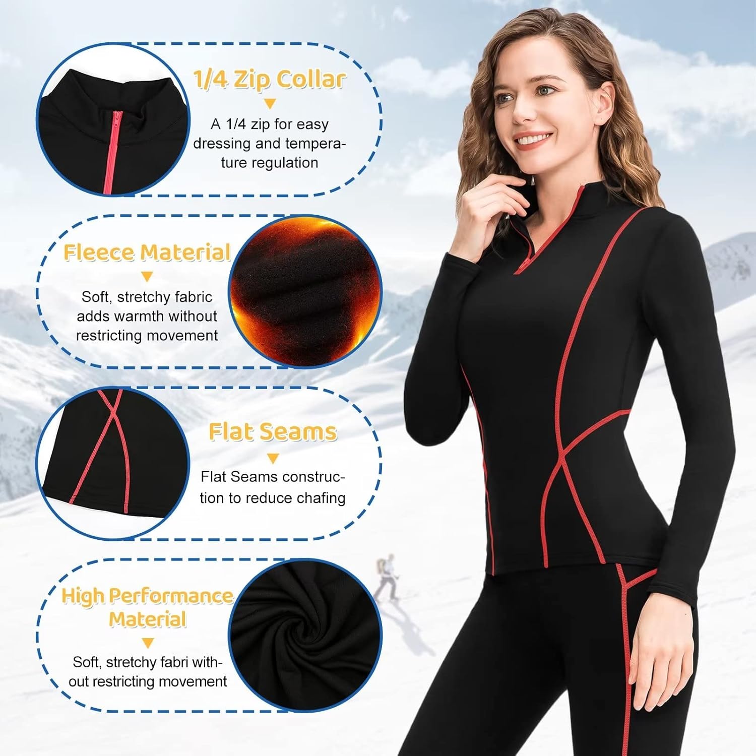 1/4 Ski Base Layer Women Cold Weather Winter Fleece Thermal Underwear Top Workout Running T Shirt Sweat Wicking - Image 5