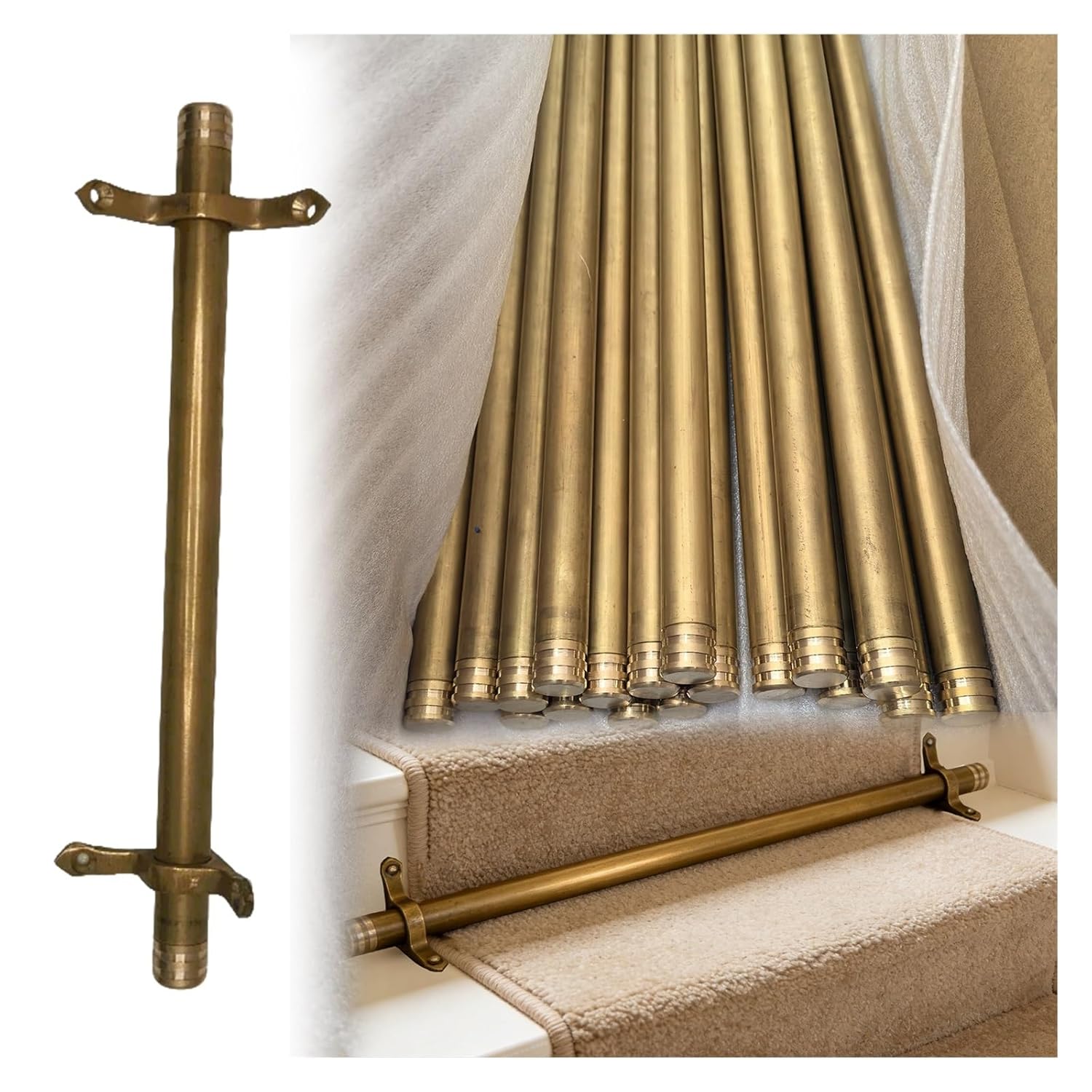 30 32 34 36 38 40 in Stair Rug Runner Rods Holder Bracket Set, Antique Brass Metal Carpet Slip Stopper Stairway Runner Bar, Stair Carpet Fasteners Tubular Pole(8 pcs,Length 37")