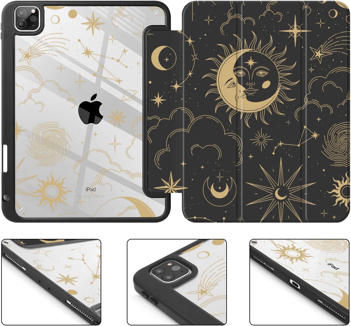 Tuiklol for iPad Pro 11 Inch 4th / 3rd / 2nd / 1st Gen (2022 2021 2020 2018) Case -Built-in Pencil Holder Shockproof Cover Clear Transparent Back Shell with Auto Wake/Sleep, Moon and Star