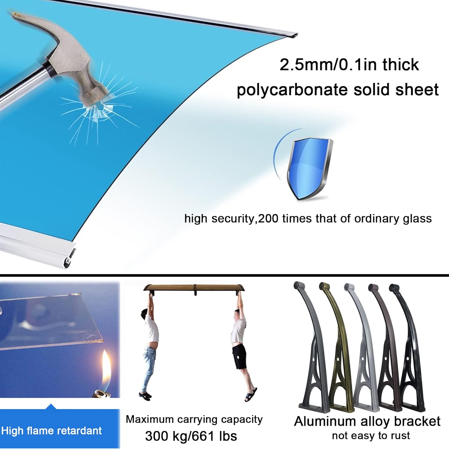 Outdoor Door Canopy Awning - Modern Patio Porch Shelter, Rain Protection Cover, Blue Polycarbonate, Stylish Front Door Canopy, Garden Awning for All Weather
