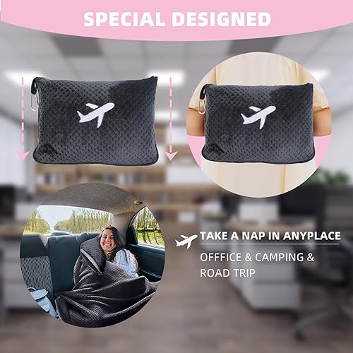 Miniatura 6 de Nenolix Juego de almohadas de viaje 3 en 1  Manta de viaje de 11.35 ozm, manta cálida de avión, bolsa suave con bolsillo, almohada inflable de viaje