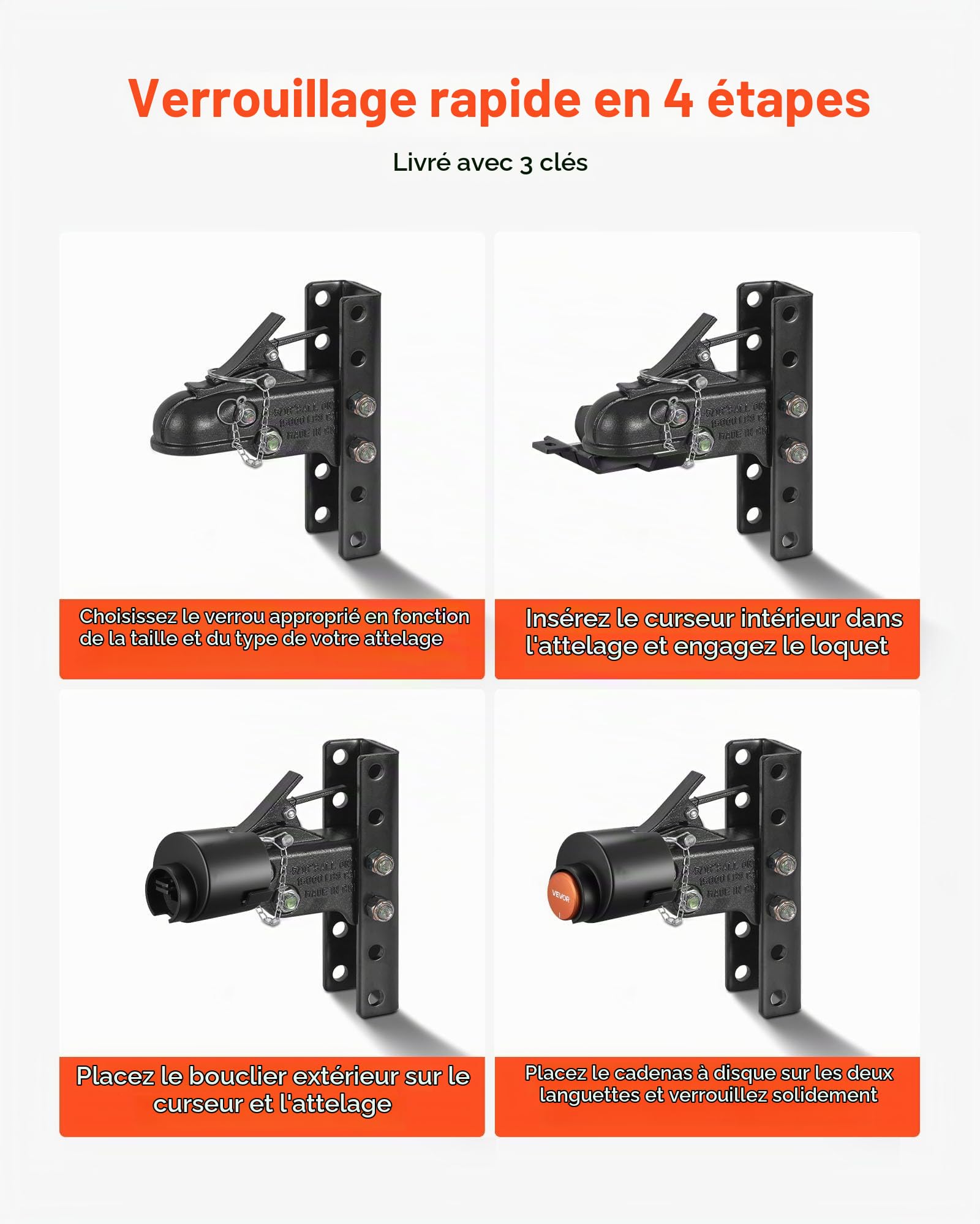 VEVOR Antivol Attelage Remorque Compatible avec Coupleurs à Boule Moulés 58,6 mm, Verrou Attelage Remorque Robuste avec 3 Clés, Anticorrosion, Verrouillage Sécurité pour Camping-cars Remorques Bateaux