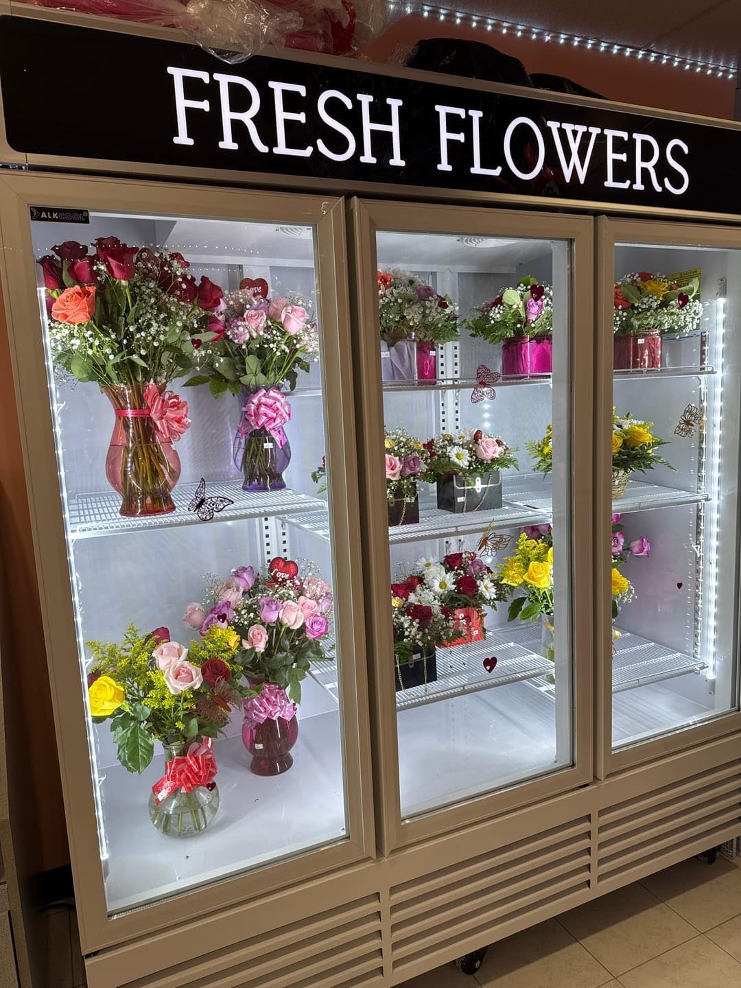 Commercial Flower Refrigerator Floral Display Cooler,White 3 Glass Doors Floral Fridge With LED Light 9 Adjustable Shelves,ETL Sanitation,71" Wide,63.5 Cuft, Wheels Included