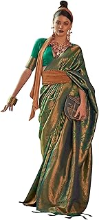 AKHILAM Women's Kanjeevaram Silk Blend Ethnic Motif Woven Design Zari Work Saree With Unstitched Blouse Piece (KANVIR3001_...
