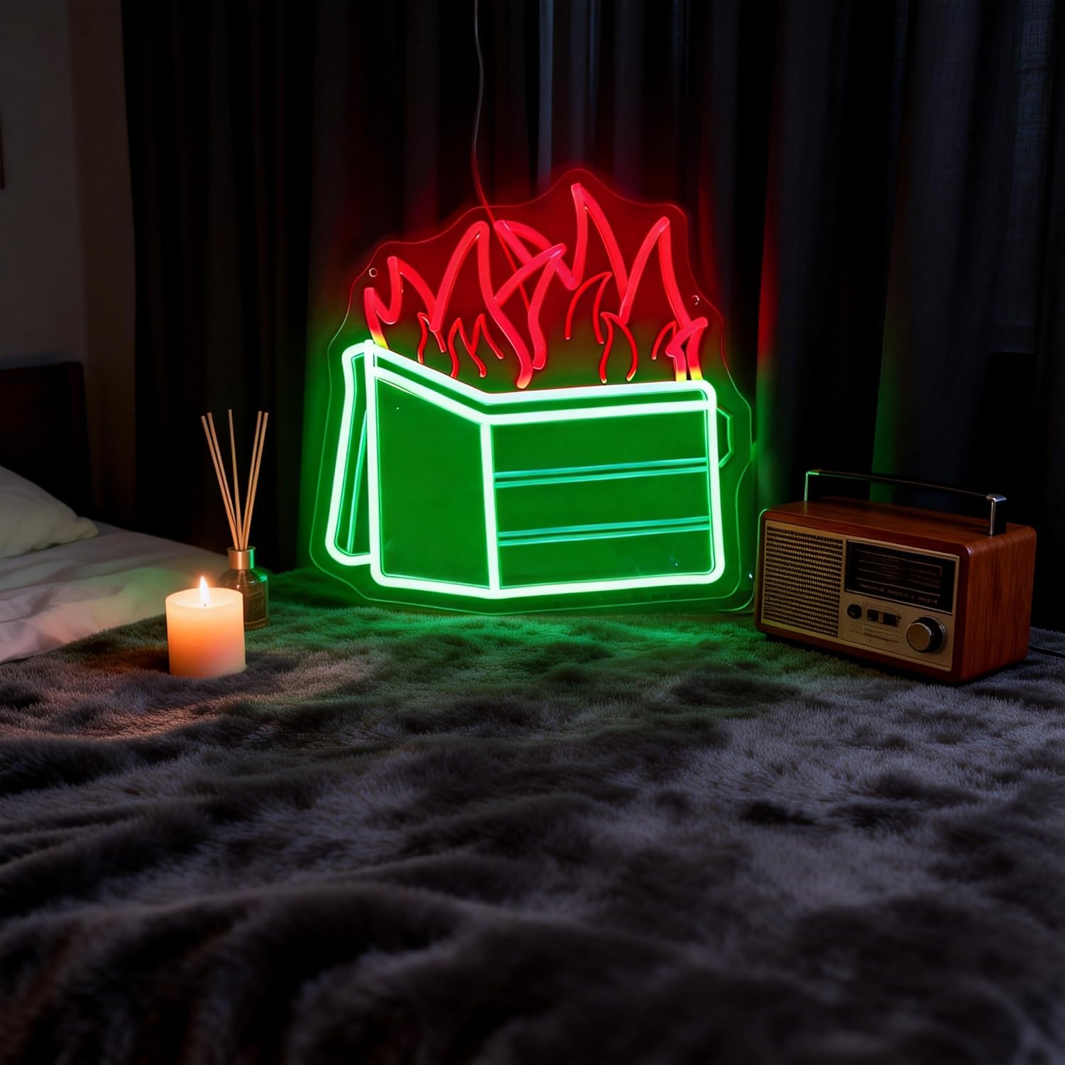 “Dumpster Fire” Neon Sign – Red Flames & Green Dumpster LED Wall Art, 12.8"x13.1" Dimmable with 3-Button Controller, Includes Hooks, Chain & Wall Anchors – Sarcastic Gift for Women