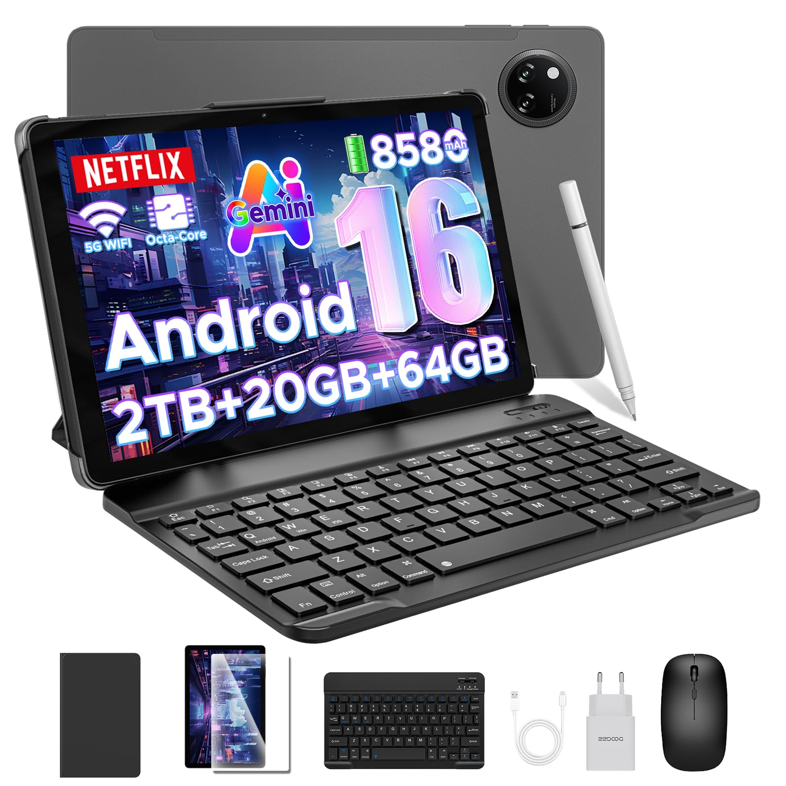 DOOGEE Tab A9+ Tablet 11 Pollici Android 16, 20GB RAM+64GB ROM(2TB TF), 8580mAh Tablet in Offerta, 13MP+8MP, Alta Qualità Doppio Altoparlante, 90Hz/Octa-Core/BT5.0/ GPS/WiFi 5G/ Widevine L1- Grigio