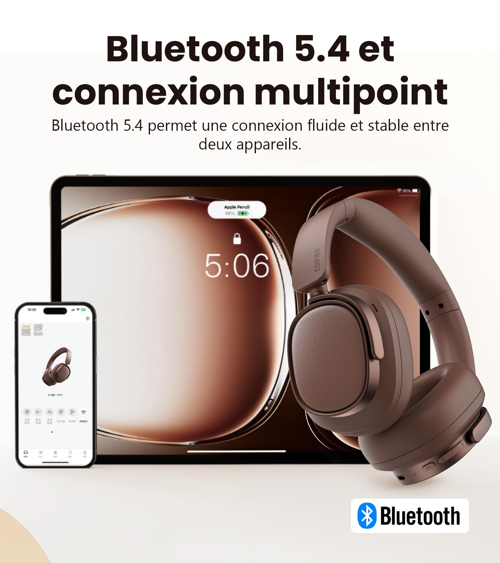 Edifier ES850NB Casque Supra-auriculaire sans Fil à réduction de Bruit, Hi-Res Audio, LDAC, 92H d'autonomie, Bluetooth 5.4 & Multipoint, AI Call Noise Reduction, Touch Control, Foldable Design，Marron