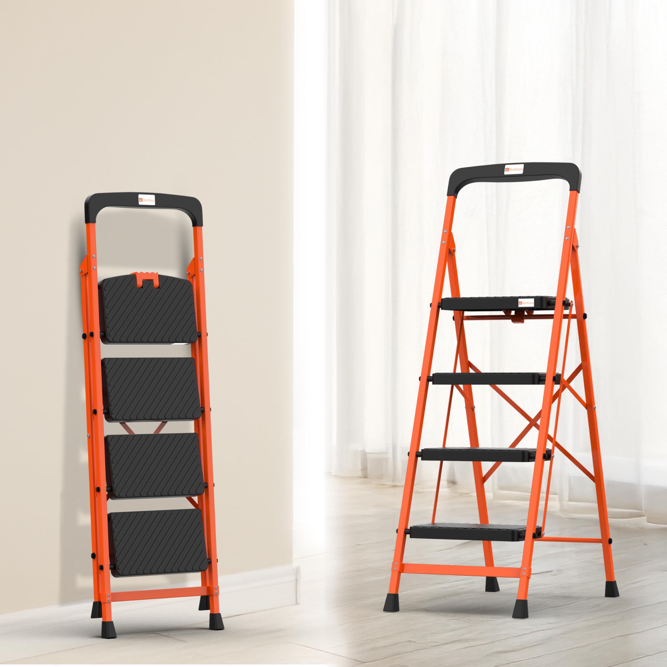 BonKaso Climb Easy 4 Step Heavy Duty Foldable Steel Kitchen Ladder for Home & Office – with Safety Lock, Anti-Slip Wide Durable Plastic Steps, Support Handle & Tool Tray (Orange & Black)