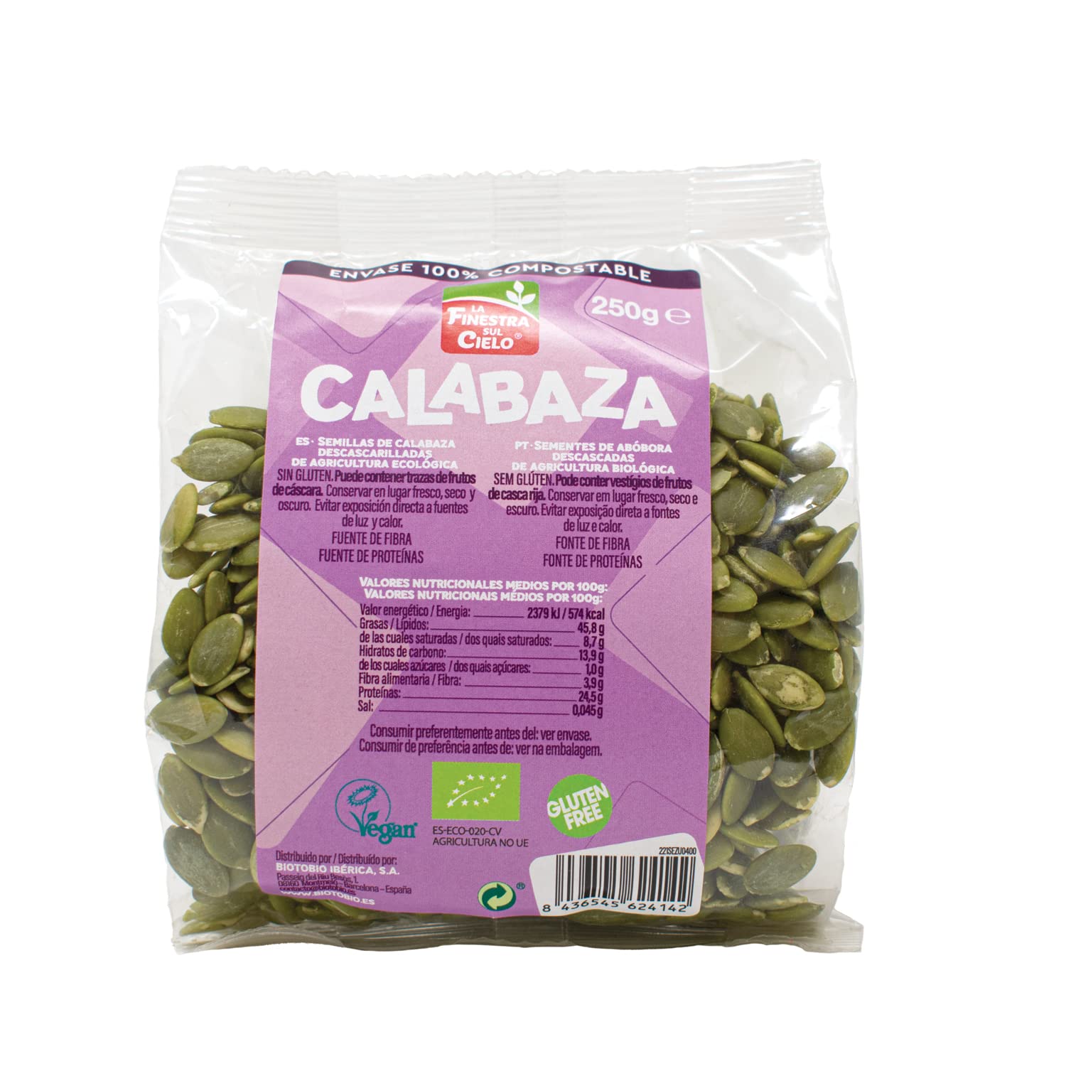 La Finestra Sul Cielo Semillas de Calabaza Peladas Bio, Envase Compostable, 250g