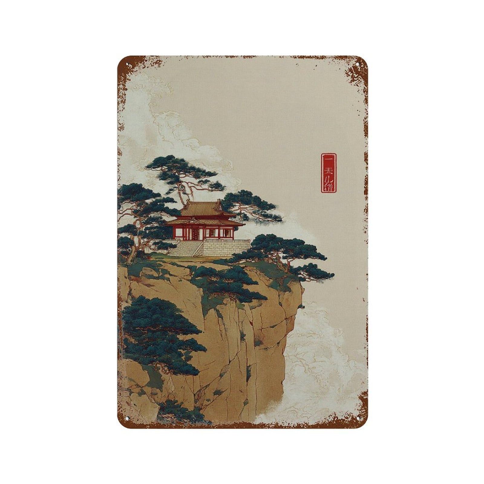 xiaoxiaoshen Japanese Mountain Temple Zen Landscape Oriental Cliffside Scenery Ink Wash Asian Wall Decor Art Metal Tin Poster Modern Home Decor Art Home Bar Shop Decorations Vintage Sign 30x20cm