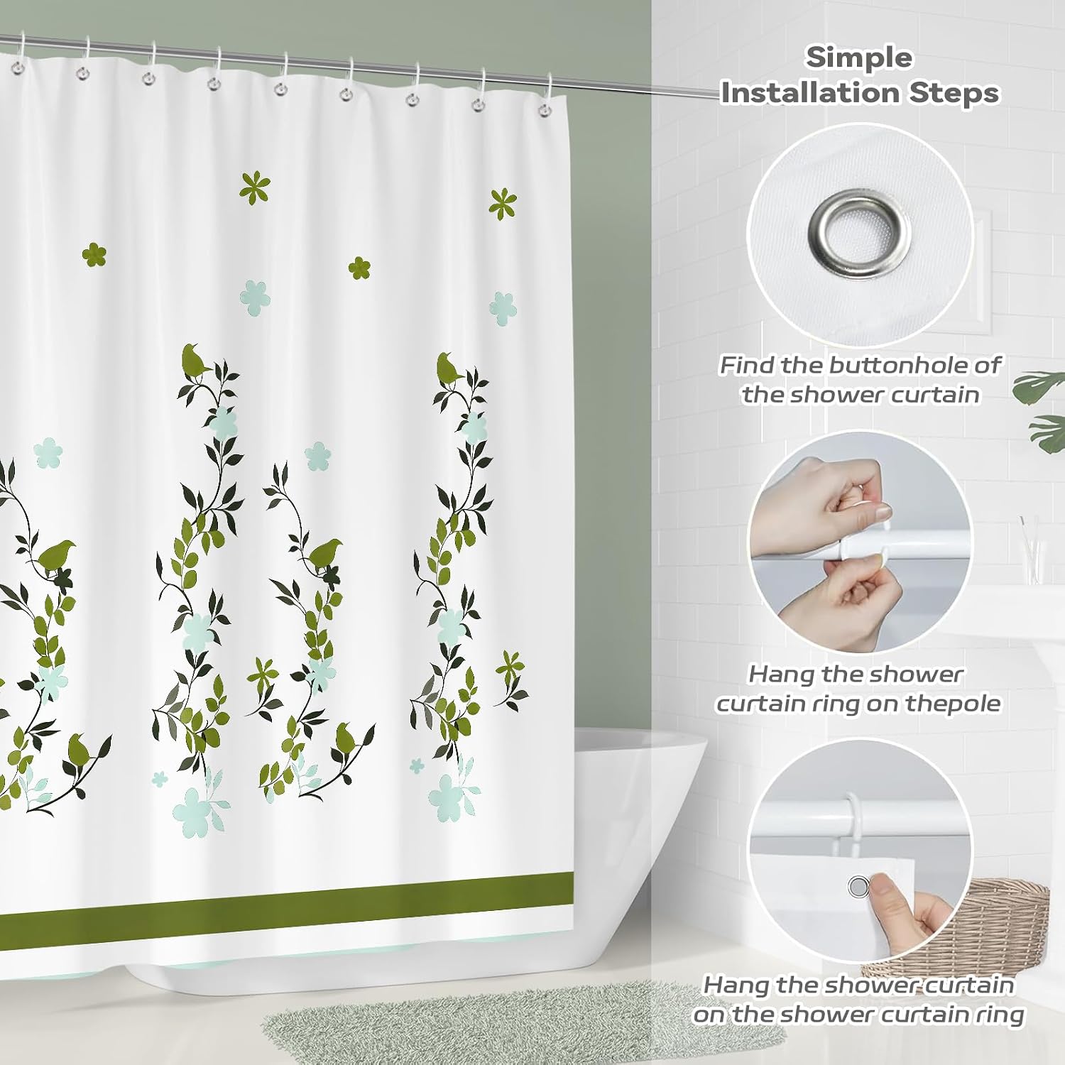 Floral Bird Shower Curtain,Modern Minimalist Green Birds Leaves Fashion Waterproof Polyester Fabric Bathroom Curtain with 12 Hooks 72 x 72 inch