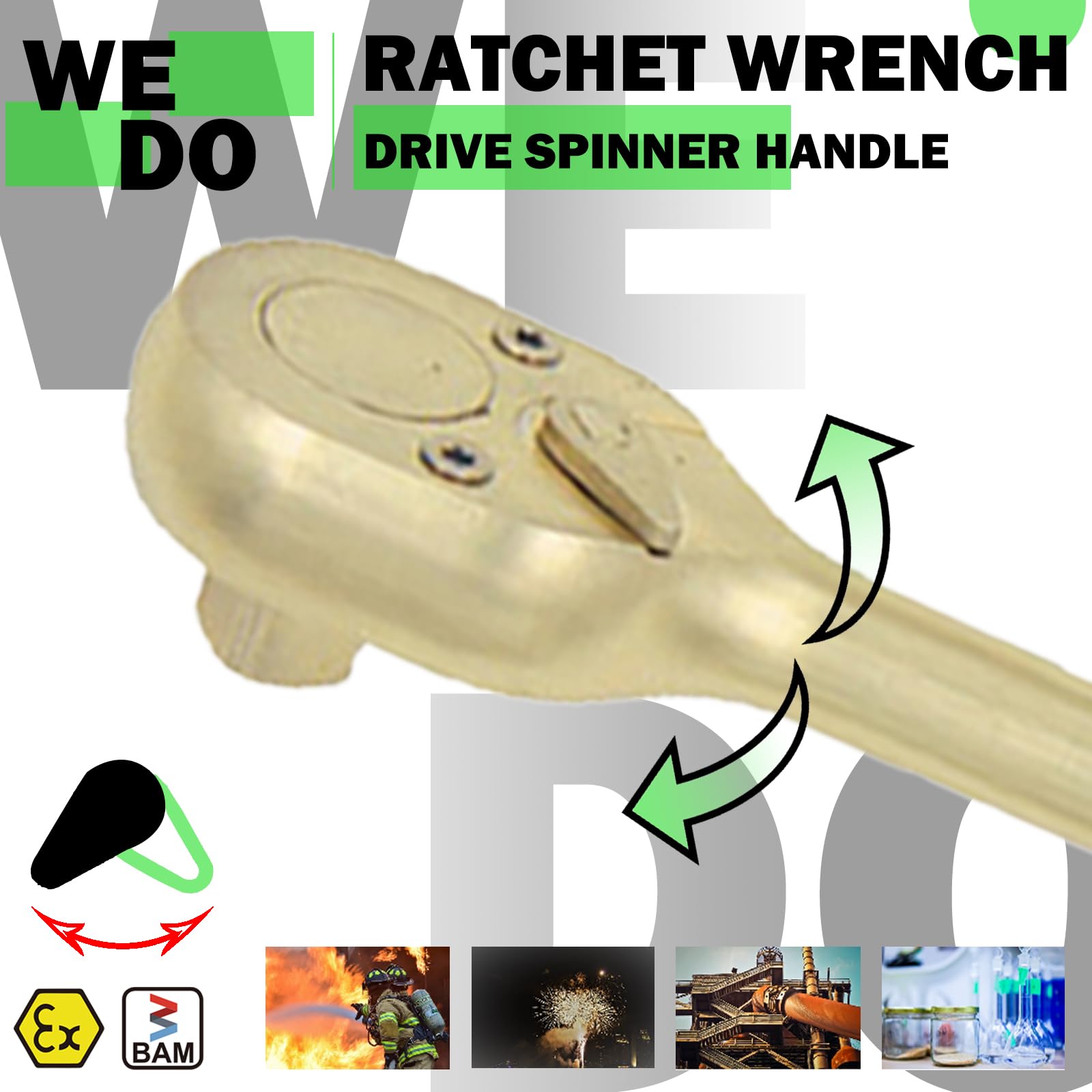 WEDO Juego de 2 trinquetes sin chispas, llave de trinquete de 1/2 pulgada de 250 mm, barra de extensión de 1/2 pulgada de 100 mm, bronce de aluminio, resistente a la corrosión, certificado BAM & FM,