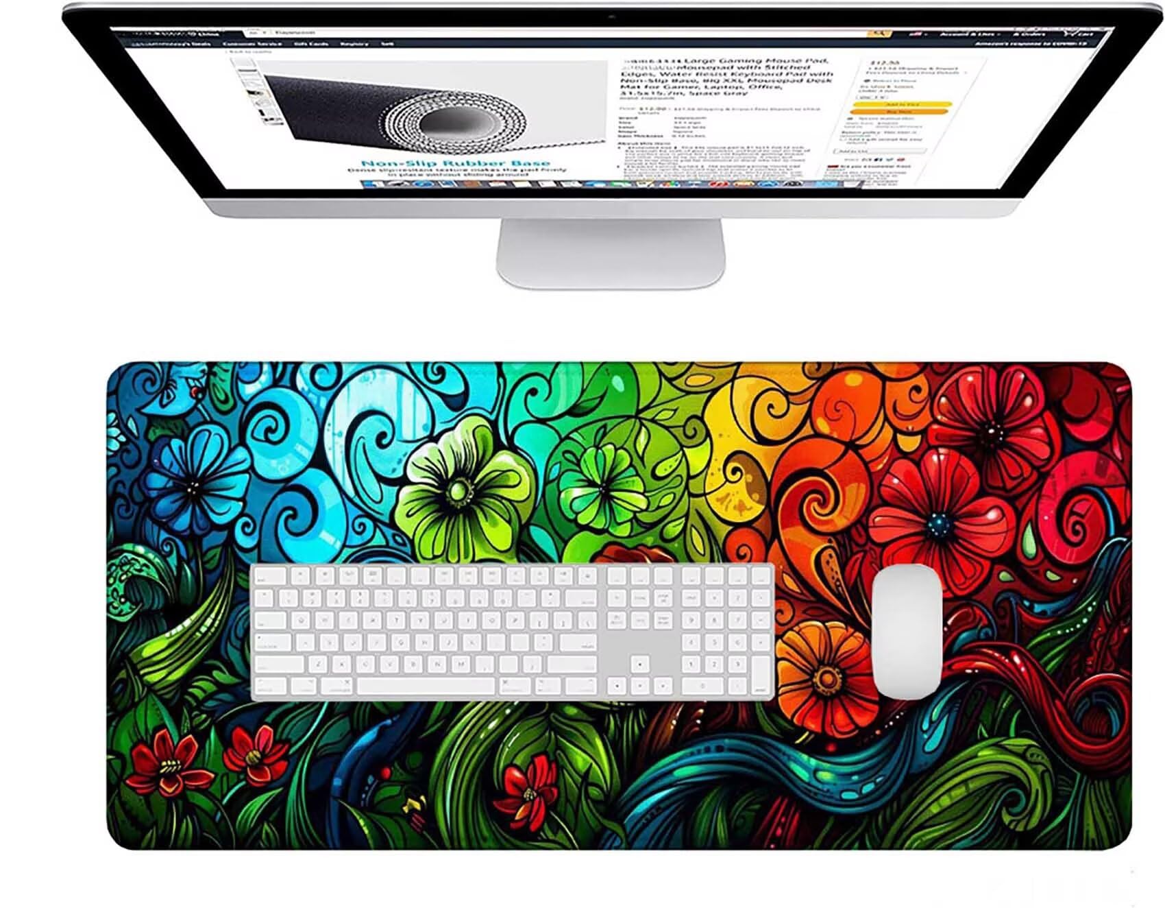 Niebieska podkładka pod mysz do gier XXL 1200 x 600 x 3 mm duża podkładka pod mysz XXL kwiat podkładka pod mysz do klawiatury i biura, wysoka precyzja i szybkość, antypoślizgowa guma, akcesoria do