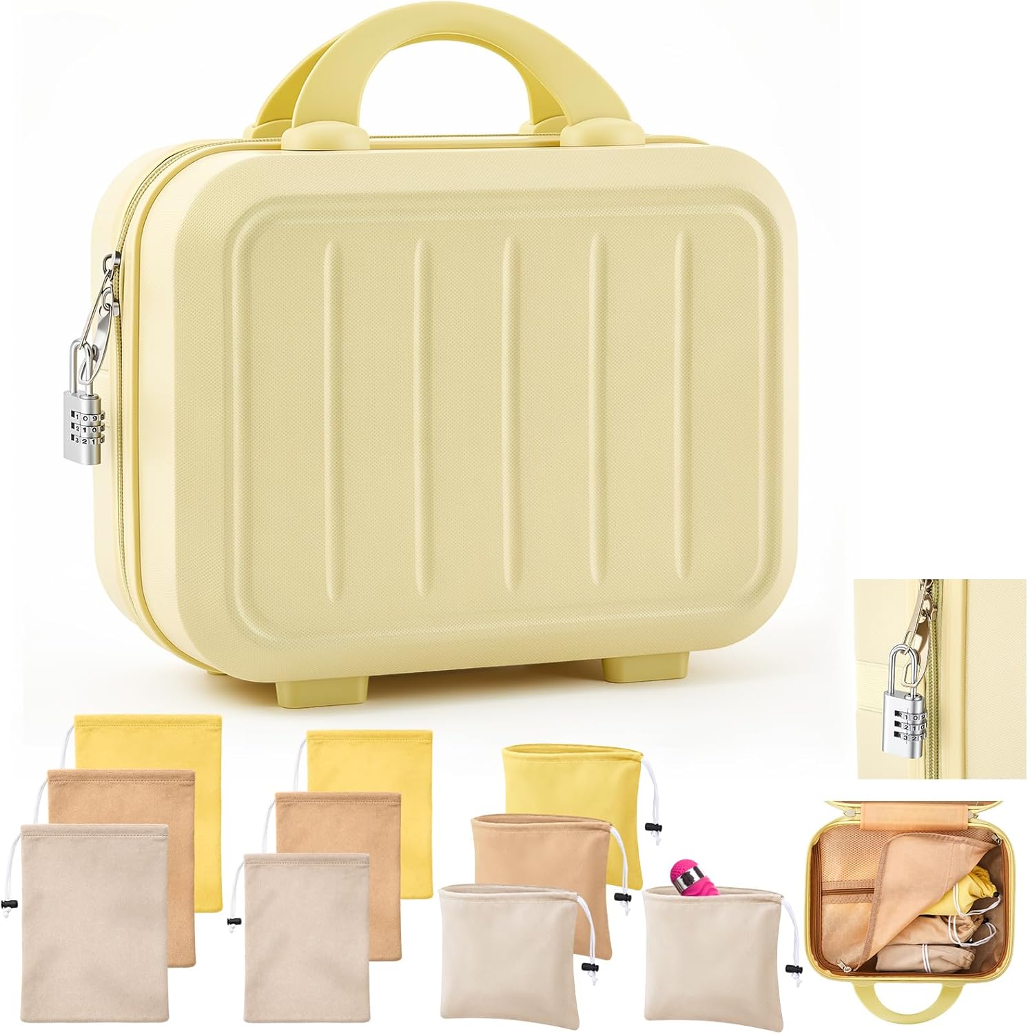 Chunful Adult Game Toy Storage Box Case with 9 Pcs 3 Sizes Discreet Toy Storage Bags Reusable Lockable Organizer Container with Lock Private for Women Men Gift Travel Home(Light Yellow)