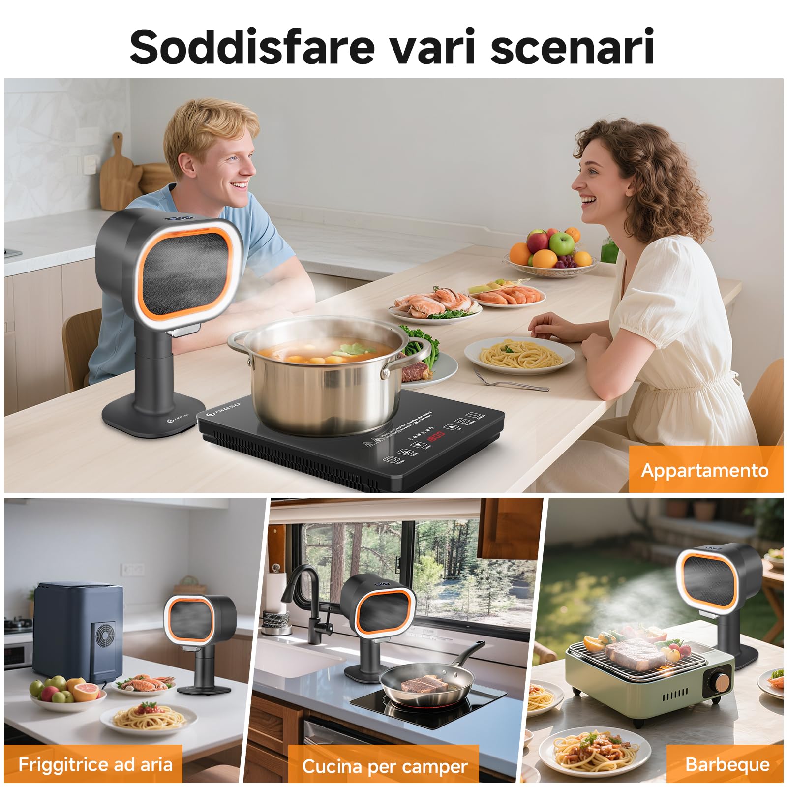 AMZCHEF Cappa aspirante portatile con altezza telescopica e inclinazione di 40°, 4 modalità di funzionamento, silenziosa, filtro in alluminio di grande calibro per appartamenti/BBQ/RV, Nero