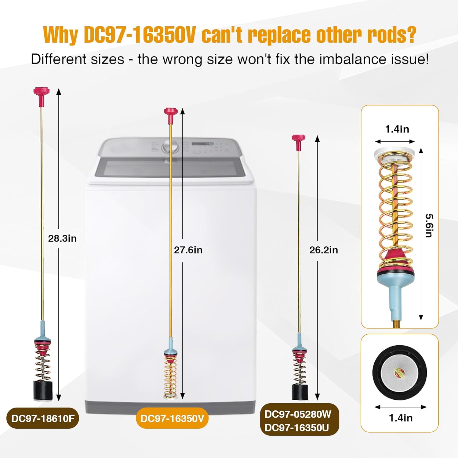 DC97-16350V Washer Suspension Rods(27.6in) for samsung Washer, Replacement for samsung Washer WA54R7200AW/US WA54R7600AC/US WA54R7200AV/US Suspension Rods, WA54R7600AV/US WA54R7600AW/US Rods
