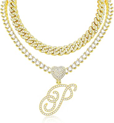 KOHOTA Cursive Silver Initial Pendant Necklace for Women Miami Cuban Link Chain Layered Heart Shape Bling Diamond Iced Out Chain Pendant Necklace Hip Hop Jewelry Gift 2PCS Chains