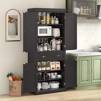 Tangkula 72 H Kitchen Pantry Cupboard Cabinet, Traditional Freestanding Large Tall Storage Cabinet with 2 Cabinets and Drawer, Adjustable Shelves, for Living Room Kitchen, 30 x 16 x 72 Inch