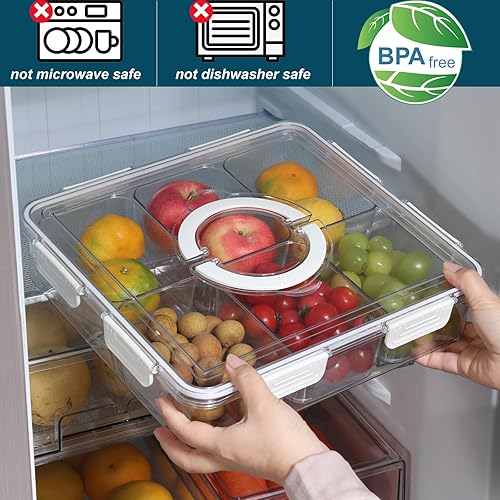 Miniatura 6 de Taiuloo Bandeja dividida para verduras con tapa hermética, 6 compartimentos, caja extraíble para aperitivos, contenedor de charcutería, organizador