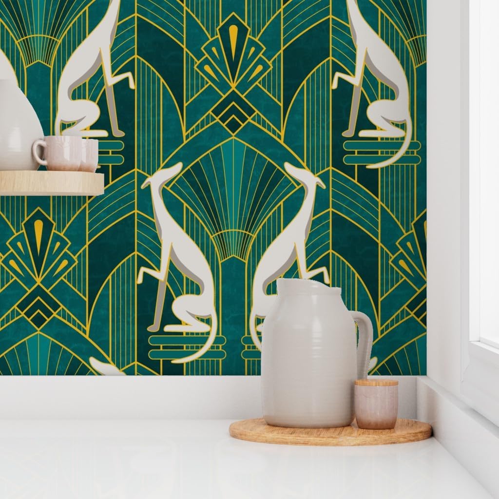 Spoonflower Removable Wallpaper 3ft x 2ft - Art Deco Greyhounds Teal Gold Gray Dogs Whippet Sighthound Custom Pre-Pasted Wallpaper