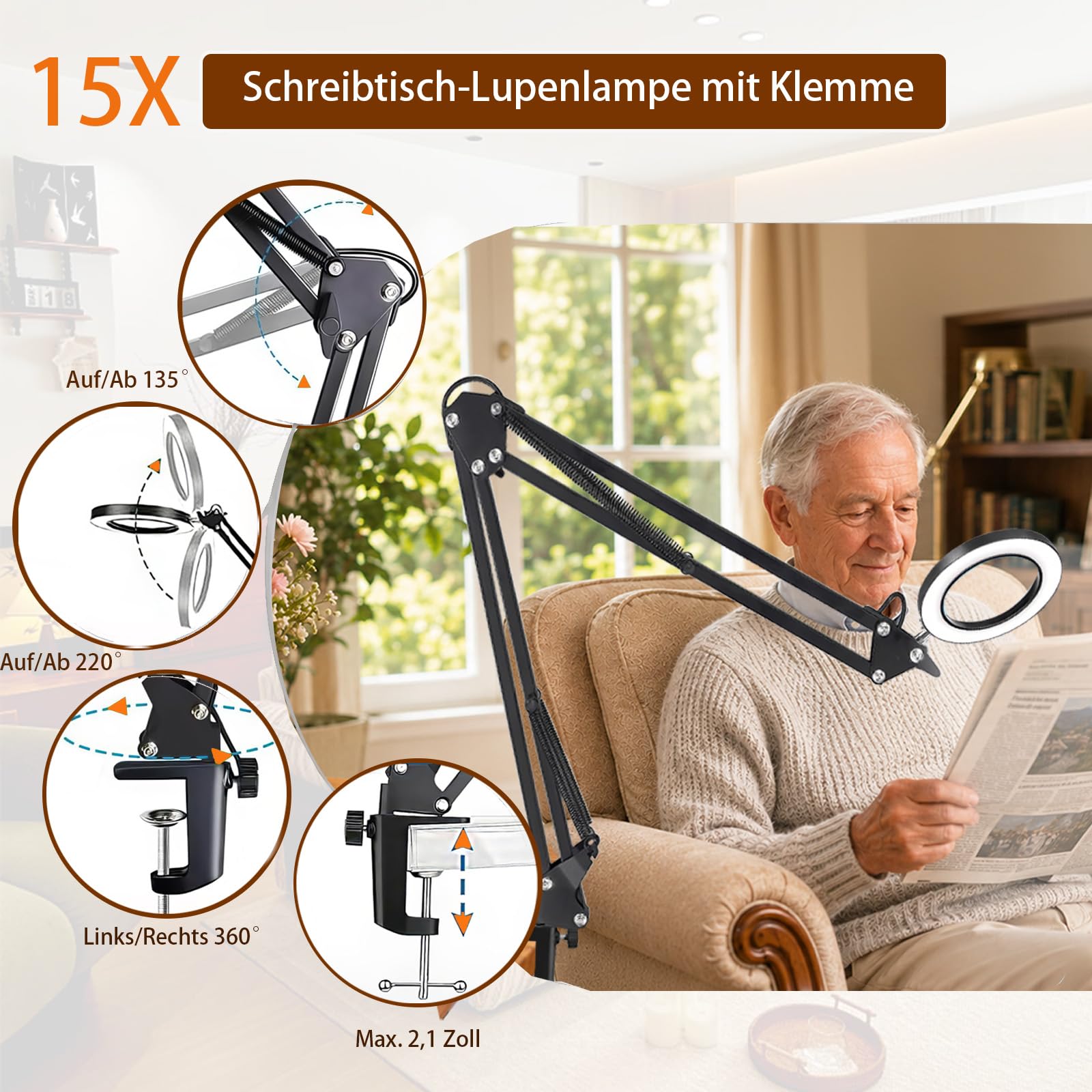 Lampada con lente di ingrandimento a LED con morsetto, ingrandimento fino a 15 volte a seconda della distanza, lampada dimmerabile con 3 modalità di colore, lente d'ingrandimento da tavolo con luce