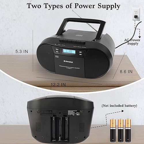 Miniatura 7 de Boombox - Reproductor de CD portátil, reproductor de cassette con CD MP3, Bluetooth, AUX TF, USB, radio FM, alimentación ACDC, caja de auge con