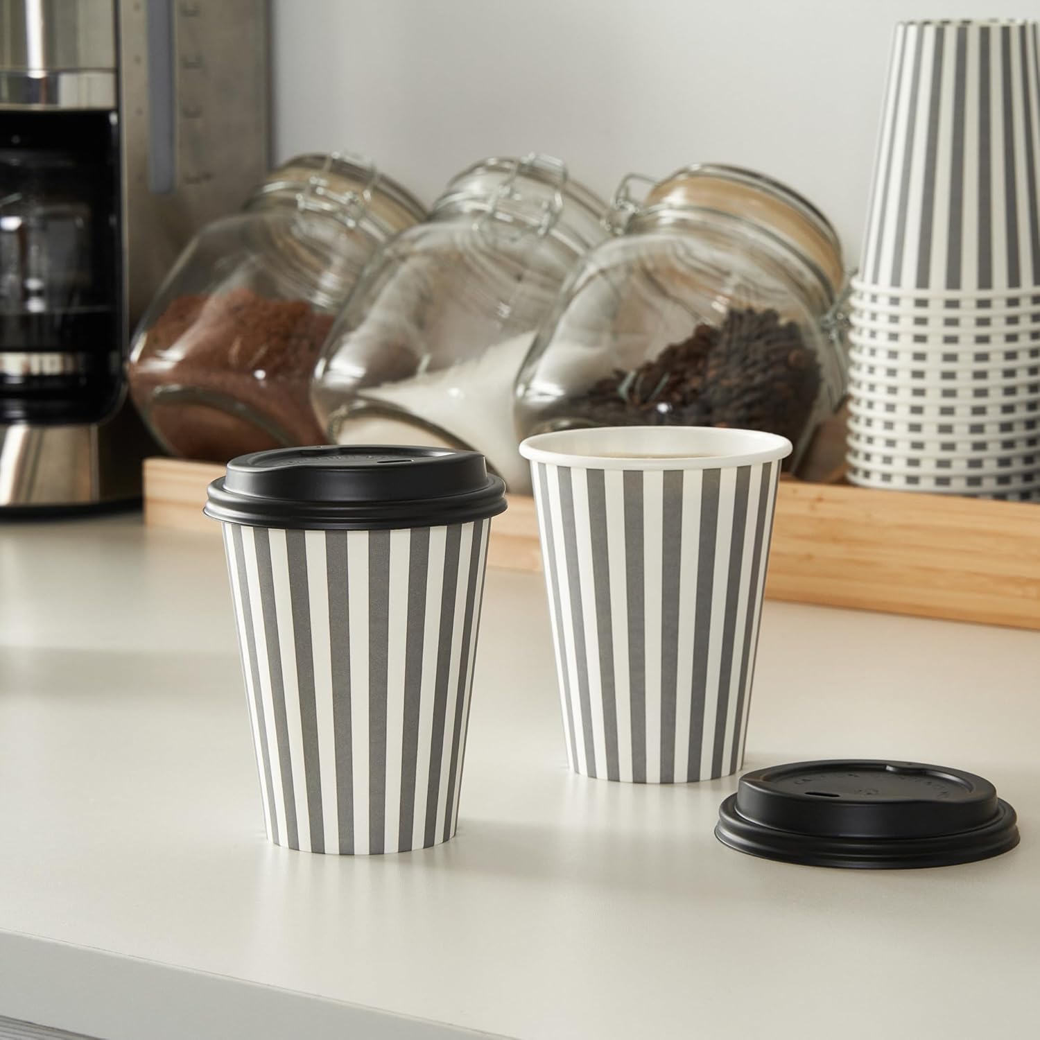 Restaurantware 12 Ounce Disposable Coffee Cups With Lids, 400 Hot Cups With Lids - Sleeves Sold Separately, Single Wall, Gray And White Stripe Paper Coffee Cups, For All Kinds Of Beverages