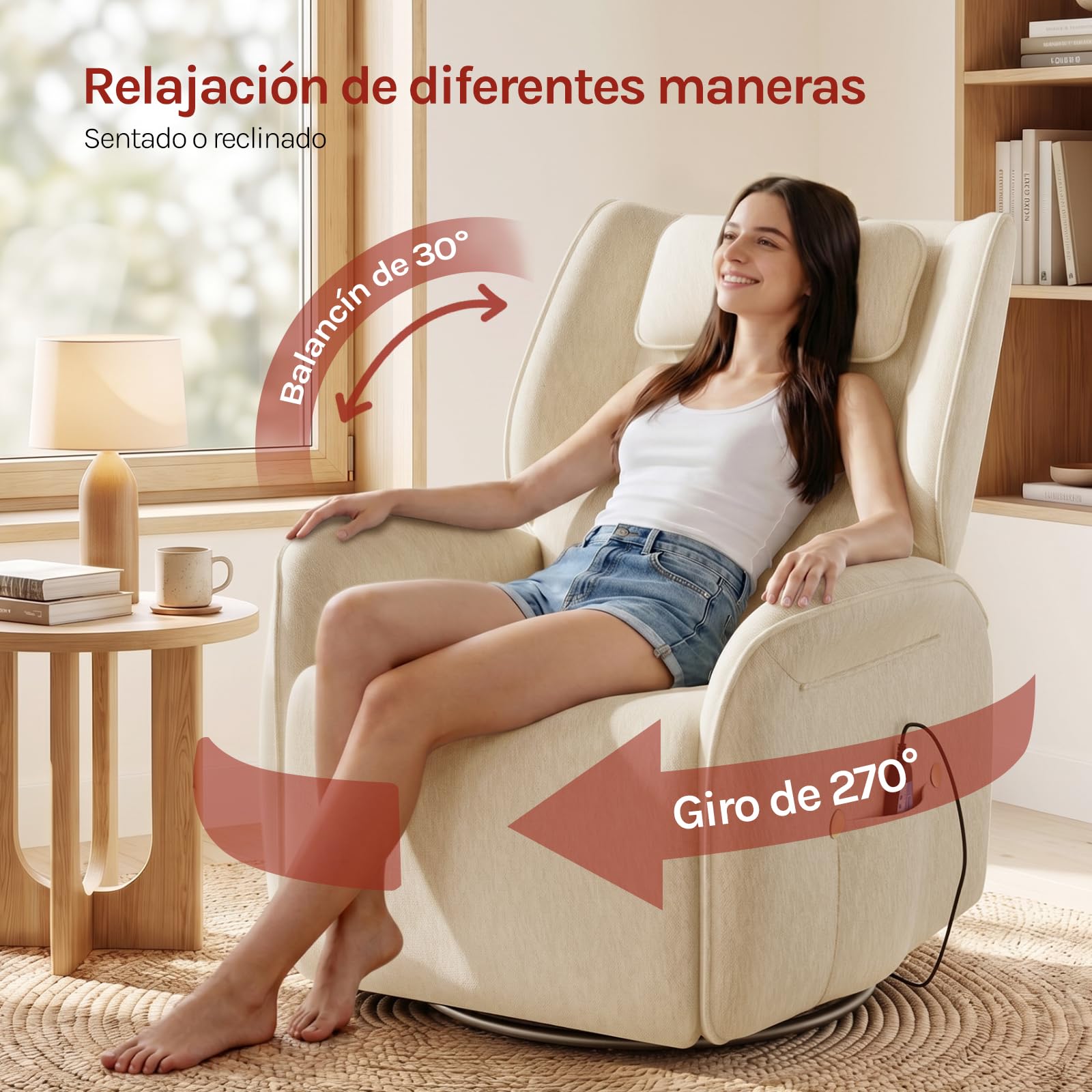 WOLTU Sillón Reclinable, de Masaje con Calefacción en Zona Lumbar, Beige | Sofá Relax Giratorio Tapizado en Chenilla, Reposacabezas, Bolsillos, Puerto USB, Capacidad de Carga 150 kg