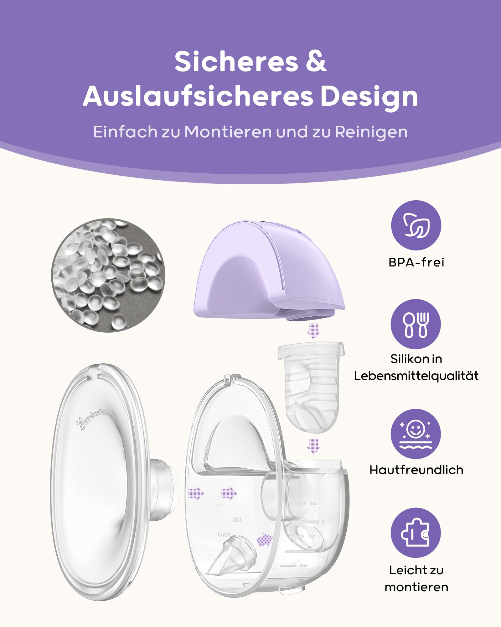 Nuliie Tiralatte elettrico a mani libere S32, tiralatte portatile indossabile, 4 modalità, 9 livelli, flangia comoda da 24 mm, accessori più privati e sostituiti inclusi (2 confezioni, viola)