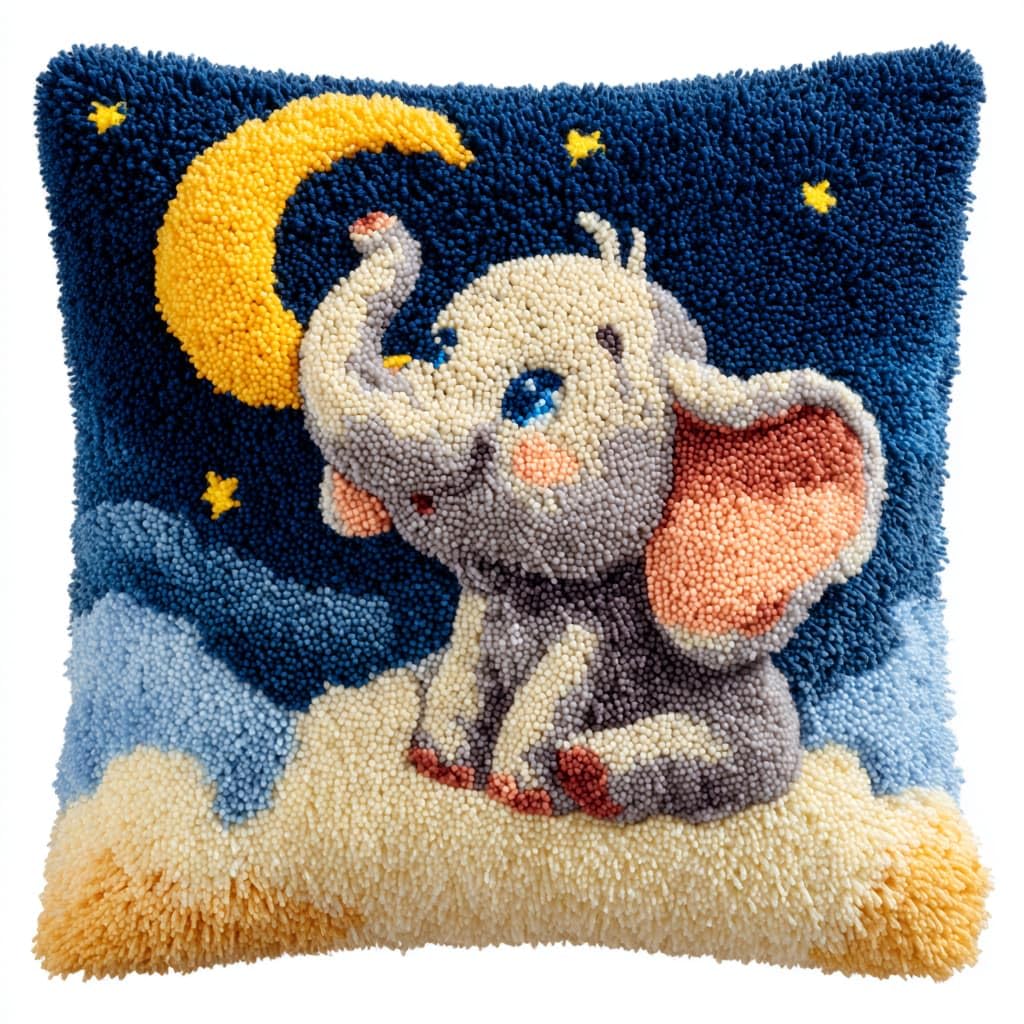 Taxpy DIY Latch Hook Kits, Elephant and Moon Pillow with Printed Canvas Crochet Yarn Embroidery Cushion Handmade Hook and Latch Kit Pillowcase 43x43cm
