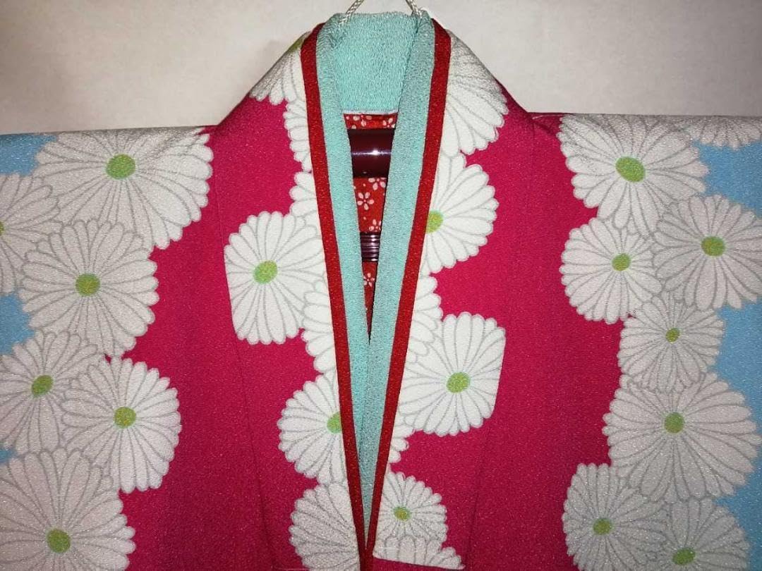 撫松庵 七五三7歳用 四つ身 着物 ピンク 水色地 古典菊柄 長襦袢