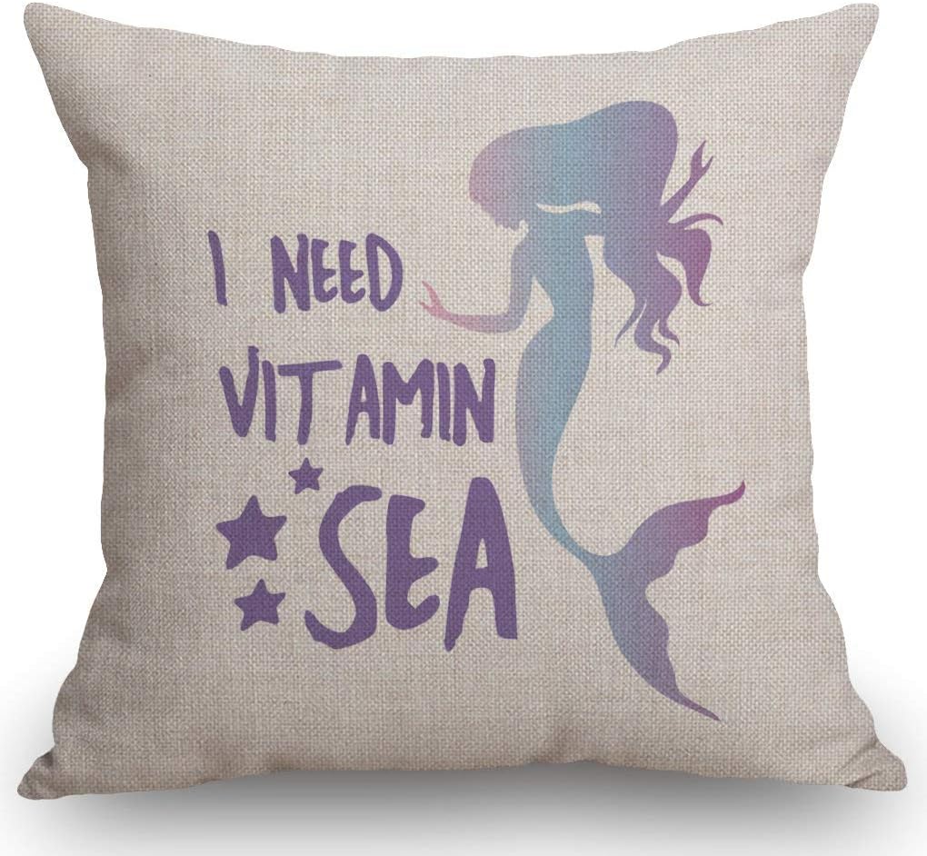 SSOIU I Need Vitamin sea Quote with Star Element Pillow Covers, Mermaid Presents Decor, Cotton Linen Pillow Case Cushion Cover for Sofa Couch Decor 18"x 18"Inch
