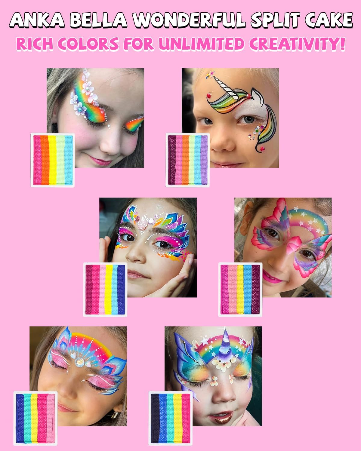 Anka Bella 60gm Water Activated Split Cake Face Paint,Professional Washable Non Toxic Face Painting Kit for Kids & Adults,Gift for Halloween Birthday Parties/Carnival - Image 3