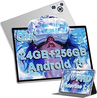 Tablet 11 Pollici Android 15 con 24GB RAM +256GB ROM (TF 1TB), Face ID, Widevine L1, Octa-Core 2.0 GHz, 5G WiFi 6, GPS, 80…