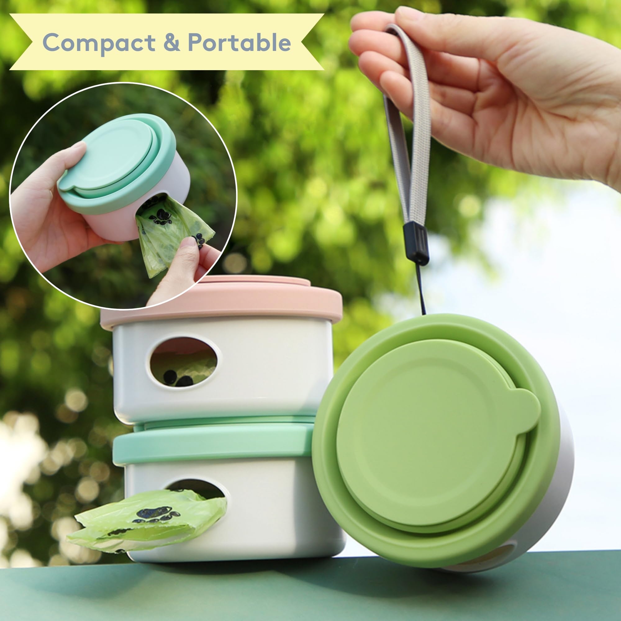 Sweet Paws Travel Hero Récipient portable 3 en 1 pour nourriture pour animaux de compagnie, bol d'eau en silicone et distributeur de sacs à déjections canines en un, rose pâle