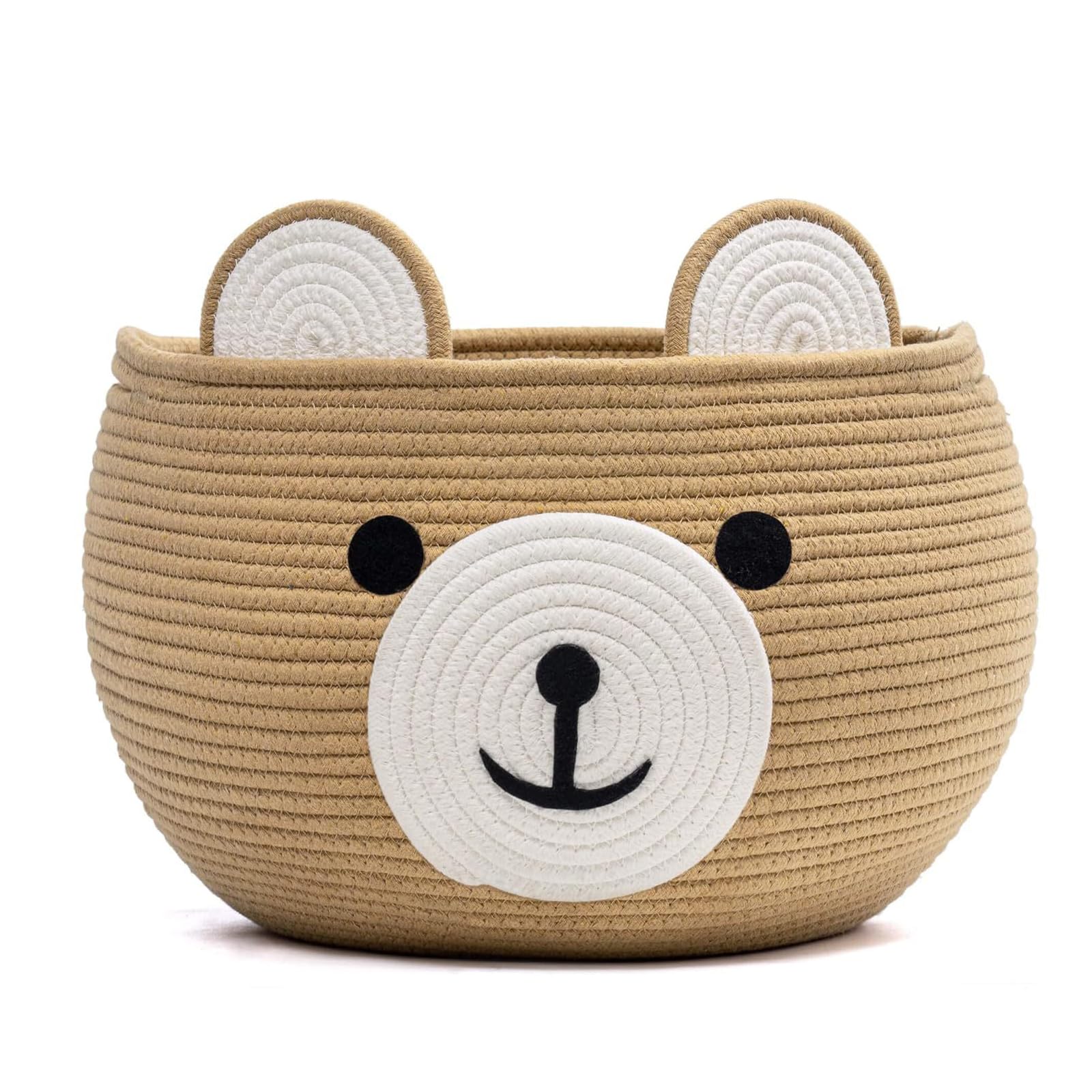 Cesto portaoggetti per bambini a forma di orso in corda di cotone, cesto porta giochi rotondo con maniglie nascoste, contenitore morbido per cameretta, sala giochi e soggiorno