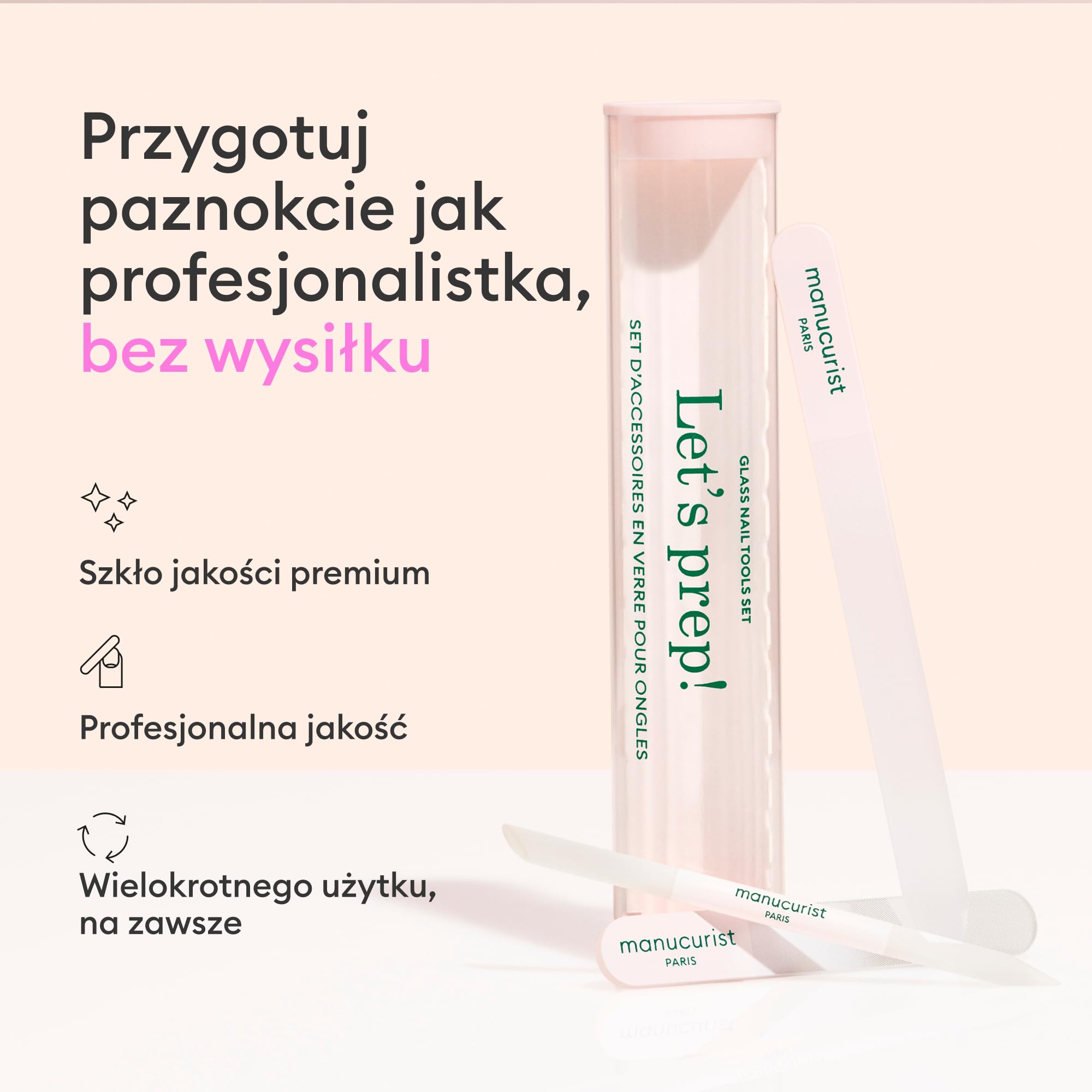 Manucurist Trio Akcesoria – Ekskluzywny zestaw w tubie ze szklaną pilniczką do paznokci, polerką i kopytkiem do skórek – Akcesoria do pielęgnacji paznokci