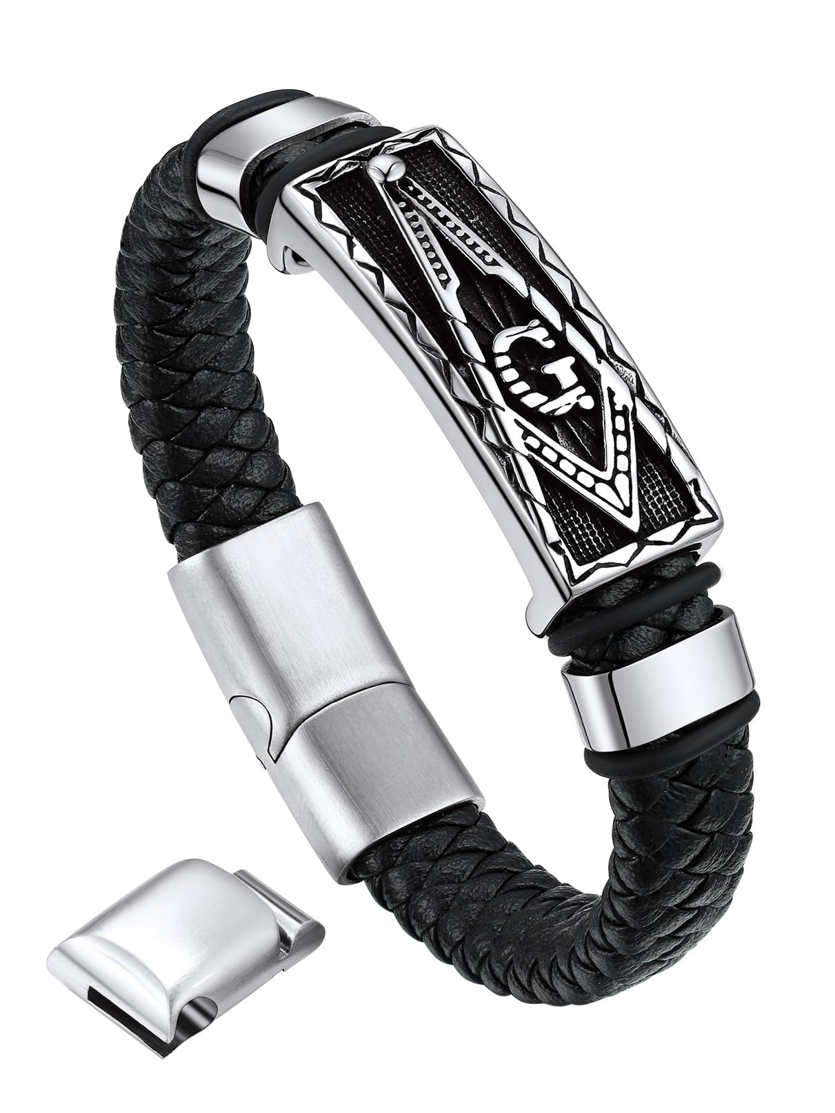 Bandmax Lederarmband Herren Mjölnir/Totenkopf/Freimaurerei Personalisiert Armbänder Männer Manschette Armband mit Magnetverschluss Wickelarmband Wikinger Armschmuck für Vater Ehemann