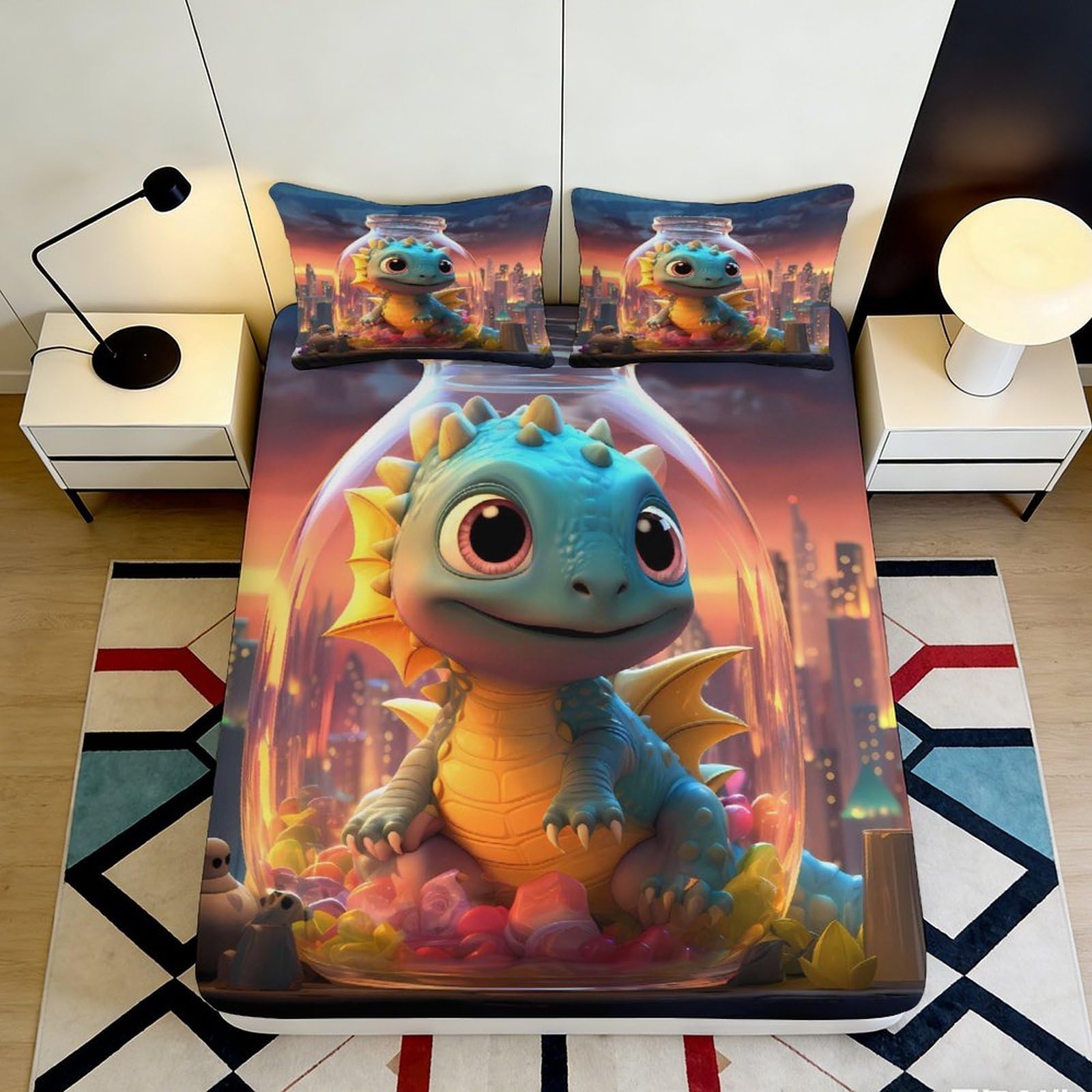 3D Printed Cute Dragon Fitted Sheet Microfiber Soft Breathable Cityscape Mattress Cover for Bedroom Dormitory Guest Room Mattress Protection Decor 180x200x25cm