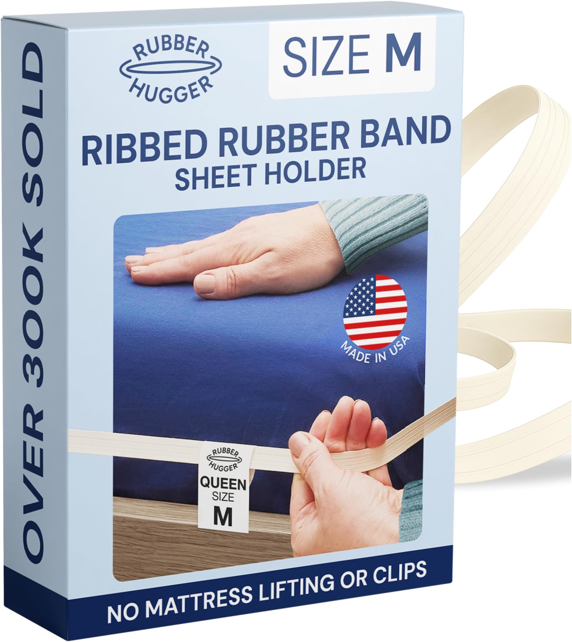 RUBBER HUGGER Bed Sheets Holder Band, Queen Size Mattress, Sheet Holder for Corners, Elastic Bedding Holder Band to Hold Sheets on The Bed, 1 Strap for Adjustable Mattresses Included, Medium Size